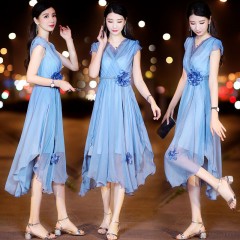 2020夏流行雪紡連衣裙女V領蕾絲顯瘦ins超仙長裙收腰輕熟氣質(zhì)長裙