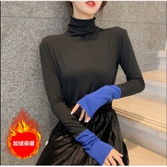 高領(lǐng)t恤女衣服學生韓版寬松秋季加絨上衣百搭緊身長袖打底衫